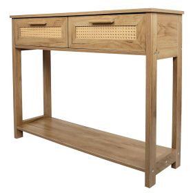 Console Table with 2 Drawers, Sofa Table, Entryway Table with open Storage Shelf, Narrow Accent Table with rattan design for Living Room/Entryway/Hall