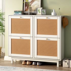 ON-TREND Rattan Boho Style Shoe Cabinet with 4 Flip Drawers, Modern 2-Tier Shoe Storage Organizer with Large Space, Free Standing Shoe Rack for Entran