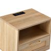 15.75" Rattan End table with Power Outlet & USB Ports , Modern nightstand with drawer and solid wood legs, side table for living room, bedroom