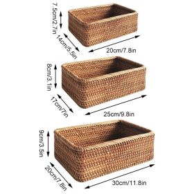 3pcs Hand-Woven Rattan Wicker Basket Fruit Tea Snack Bread Basket Cosmetic Rectangular Storage Box Household Kitchen Room Supply (Color: 3pcs mixed set, Ships From: China)