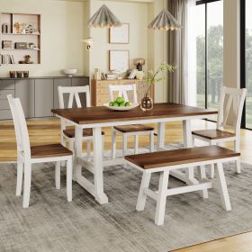 6-Piece Wood Dining Table Set Kitchen Table Set with Long Bench and 4 Dining Chairs, Farmhouse Style (Main Material: Solid Wood, Main Color: White)