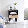 15.75" Rattan End table with drawer and solid wood legs, Modern nightstand, side table for living room, bedroom