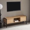 54.33" Rattan TV cabinet with variable color light strip, double sliding doors for storage, adjustable shelf, metal legs, TV console for living room ,