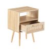 15.75" Rattan End table with drawer and solid wood legs, Modern nightstand, side table for living room, bedroom