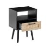 15.75" Rattan End table with drawer and solid wood legs, Modern nightstand, side table for living room, bedroom