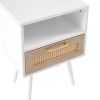 15.75" Rattan End table with drawer and solid wood legs, Modern nightstand, side table for living room, bedroom