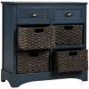 Rustic Acacia Wood Storage Cabinet with Two Drawers and Four Classic Rattan Baskets for Dining Room, Entryway, or Living Room