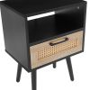 15.75" Rattan End table with drawer and solid wood legs, Modern nightstand, side table for living room, bedroom