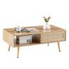 41.34" Rattan Coffee table, sliding door for storage, solid wood legs, Modern table for living room