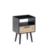 15.75" Rattan End table with drawer and solid wood legs, Modern nightstand, side table for living room, bedroom