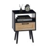 15.75" Rattan End table with drawer and solid wood legs, Modern nightstand, side table for living room, bedroom